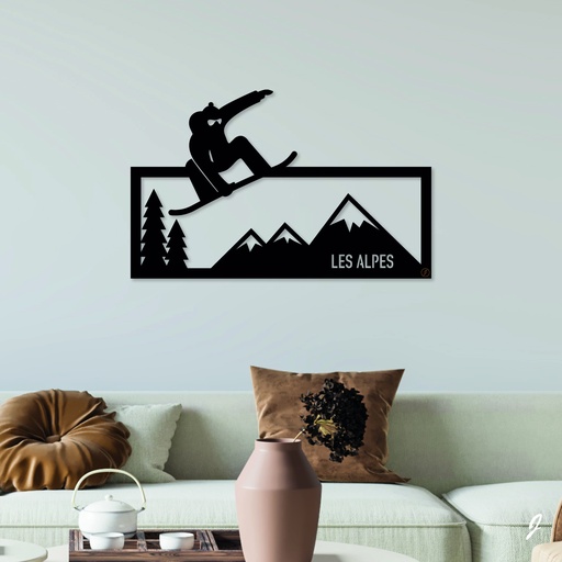 Tableau en bois décoratif découpé, évidé, Snowboard en montagne