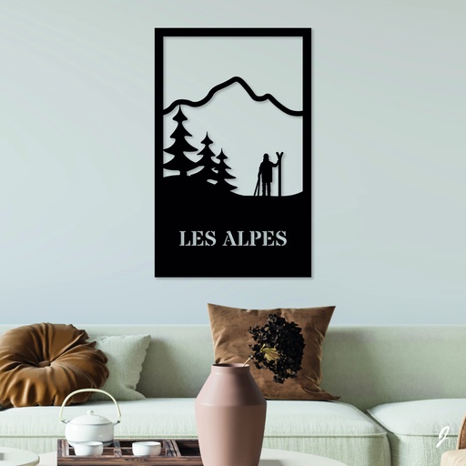 Tableau en bois décoratif découpé, évidé, Skieur et montagne à l'horizon 
