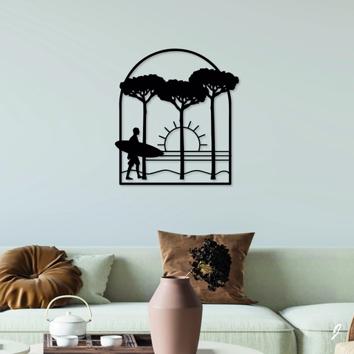 Tableau en bois décoratif découpé, évidé, Surfeur et pinède